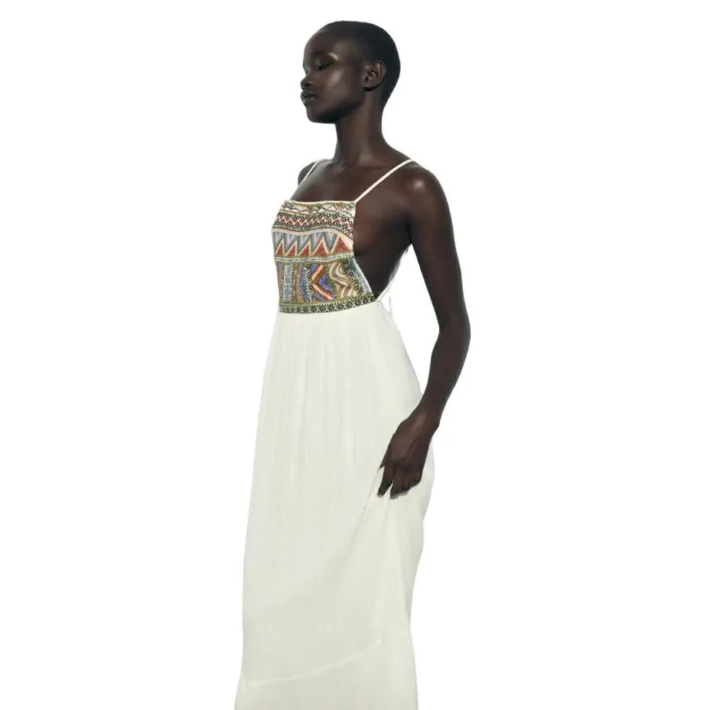 ZARA Oyster White Embroidered Beaded Maxi Dress NWT Sizes S L Boho Resort - Picture 6 of 11